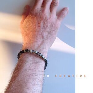 New men's natural dalmatian jasper with black onyx and stainless steel bracelet